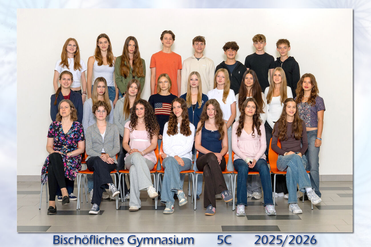 Ein Klassenfoto von 20 Schülern und ihrer Lehrerin, die zusammen posieren.