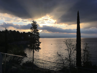 Sonnenuntergang über einem ruhigen See mit silhouettierten Bäumen und dramatischen Wolken.