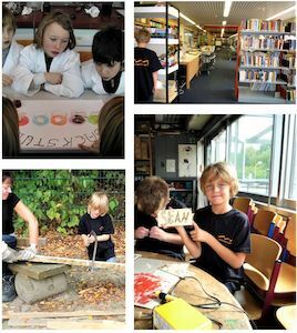 Kinder, die sich in der Schule mit Wissenschaft, Lesen, Basteln und Aktivitäten im Freien beschäftigen.