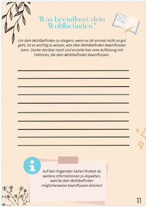 Deutsches Arbeitsblatt mit liniertem Platz zum Schreiben über Faktoren, die das Wohlbefinden beeinflussen.