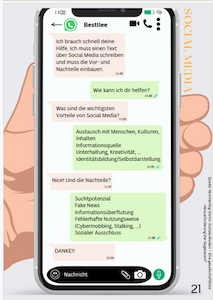 Telefonbildschirm mit einem Chat über die Vor- und Nachteile sozialer Medien auf Deutsch.