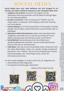 Ein deutsches Informationsposter über die Risiken der sozialen Medien mit Symbolen, Text und QR-Codes.