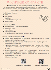 Informationsblatt in deutscher Sprache mit wichtigen Kontaktnummern und Hilfsquellen.