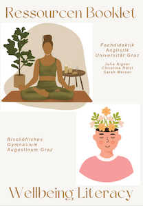 Eine meditierende Frau und eine Person mit Blumen im Haar mit dem Titel Wellbeing Literacy.