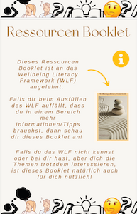 Umschlag eines deutschen Ressourcen-Booklets mit Steinen und verschiedenen Emojis als Dekoration.