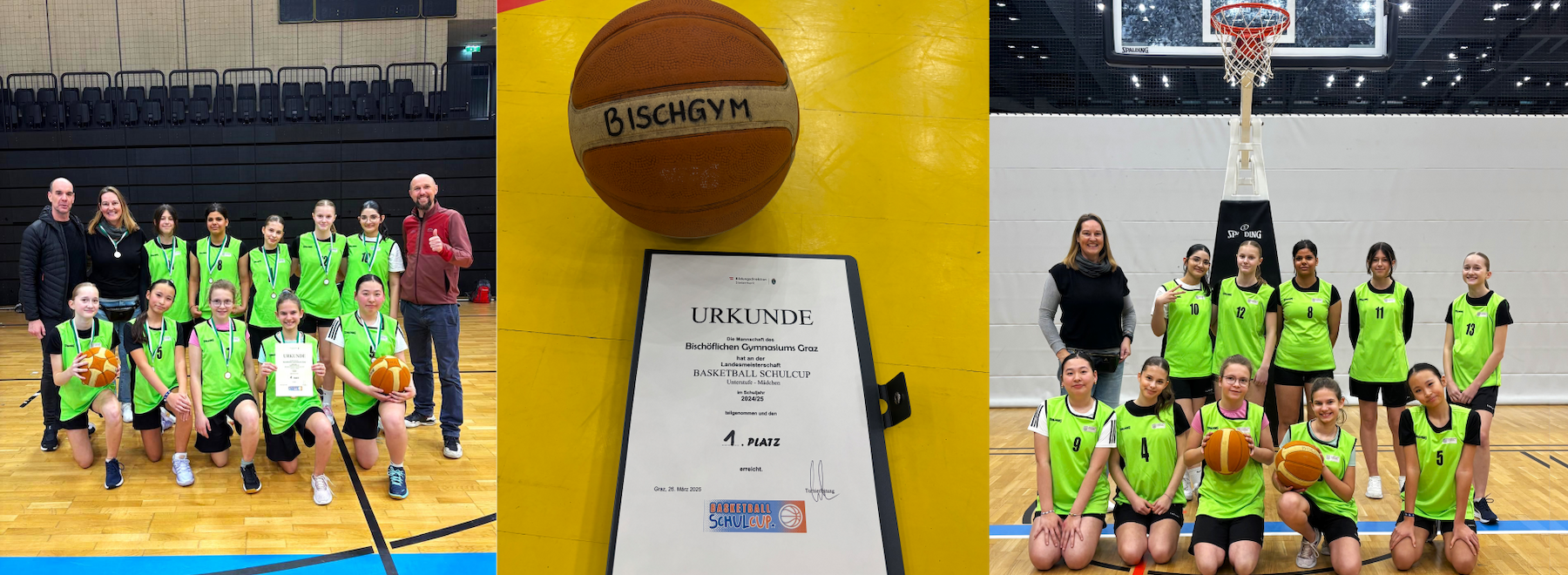 Mädchen-Team der Unterstufe bei den sterischen Meisterschaften im Basketball stehen in der Turnhalle. In der Mitte liegt ein Basketball un die Siegerurkunde.