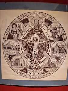 Religiöse Illustration von Jesus am Kreuz, umgeben von Heiligen und Kirchen.